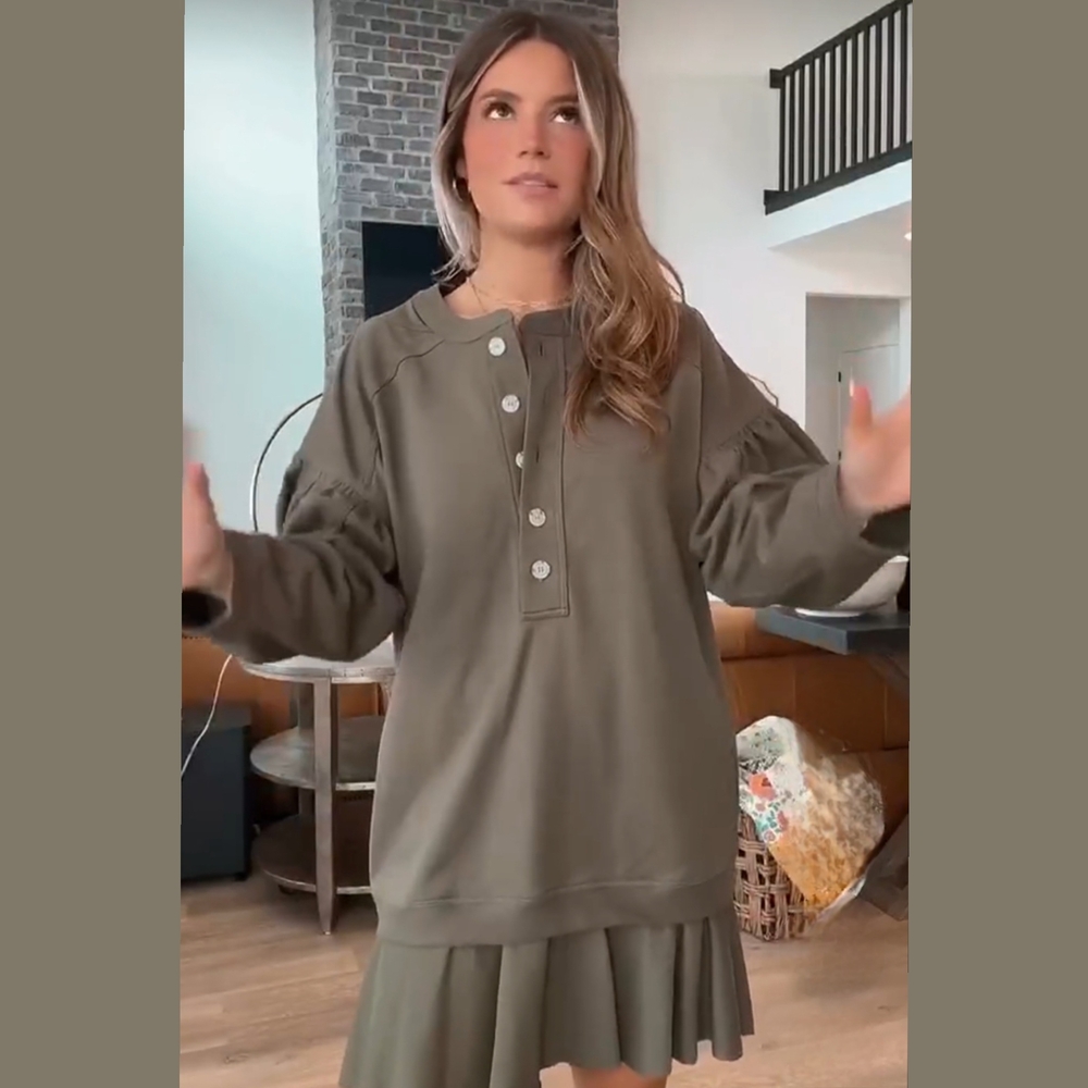 Olive Green Button-Up Sweatshirt Dress